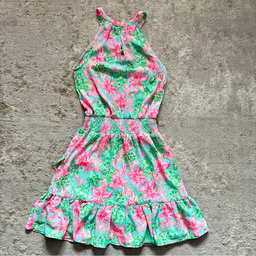 Lilly Pulitzer Pamelyn Flutter Halter Vibrant Colorful Floral Mini Dress Size 00 - Picture 13 of 15